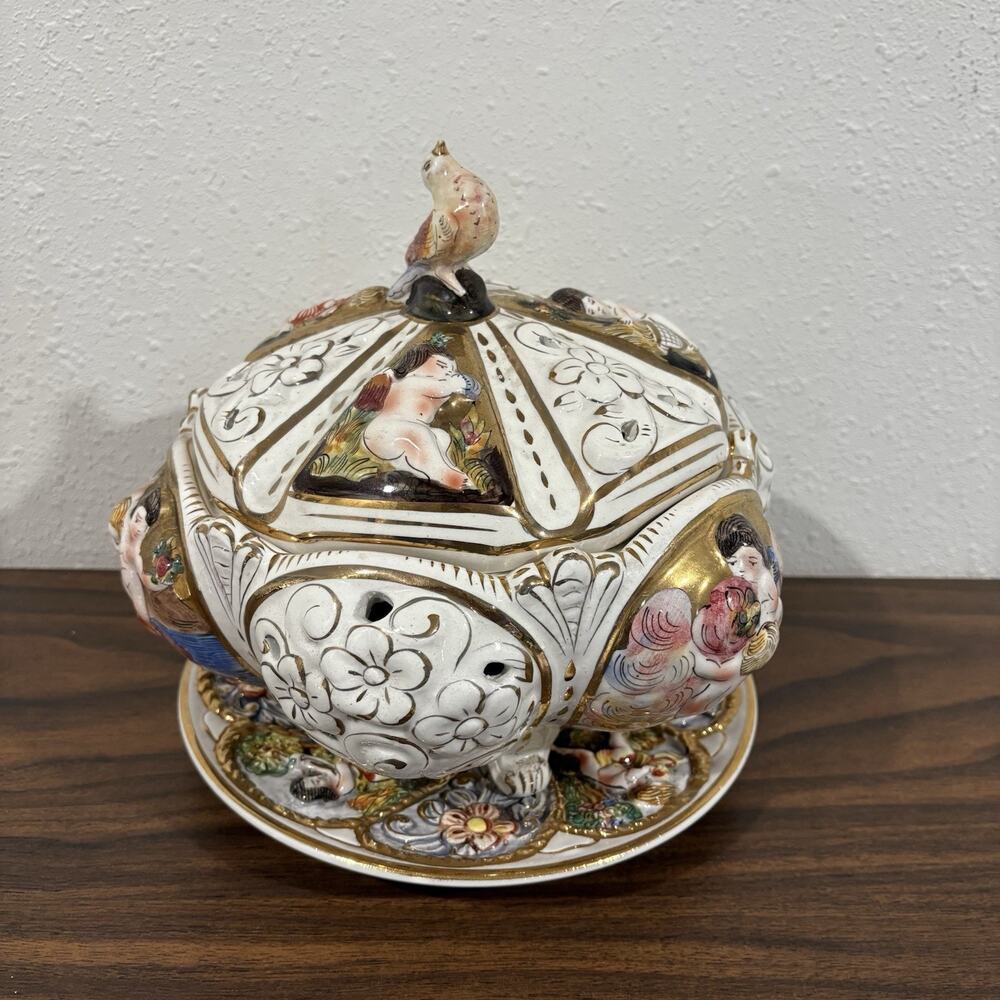 Capodimonte Porcelain Cherubs‎ Candy Dish Bowl & Plate Lidded Footed 1366 Angels